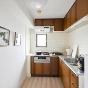 Una pequeña cocina con fregadero y estufa. en Alzate Uemachi 601 アルザーテ上町 601, en Osaka