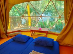 una stanza con due letti e una grande finestra di vanderman land camp a Tlekung