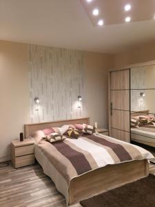 セゲドにあるSolaris-Szeged Apartmanのベッドルーム1室(大型ベッド1台、枕2つ付)