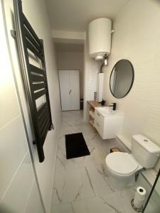 a bathroom with a white toilet and a mirror at Coeur de ville - Appartement 2 chambres in Amiens