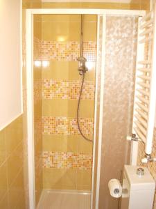 La salle de bains est pourvue d'une douche avec une porte en verre. dans l'établissement Cecco di Nara, à Massarosa