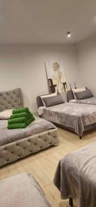 a room with three beds and a chair in it at Sodyba Azagis in Vilkanastrai