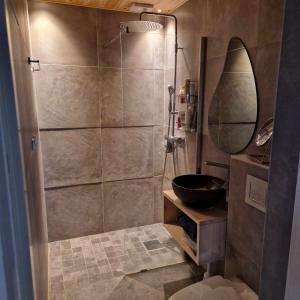 a bathroom with a shower with a sink and a mirror at Villa Fiskebäck in Västra Frölunda +24 photos