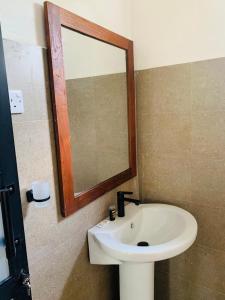 a bathroom with a white sink and a mirror at Rock n Fall Nature Resort in Ella