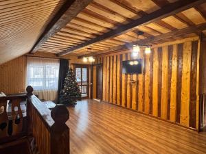 a living room with a christmas tree and a television at Kozarik in Mykulychyn