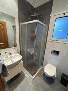 a bathroom with a shower and a toilet and a sink at Lumineux Calme avec Parking Privé Proche La Marsa in Tunis