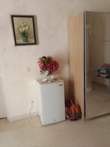 a small refrigerator with a vase of flowers on top at Ripasso Bed & Breakfast in Malindi