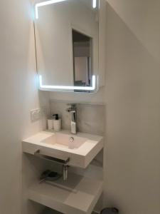 a bathroom with a white sink and a mirror at 2P refait à neuf, calme, quartier historique, entre seine et cathédrale in Mantes-la-Jolie