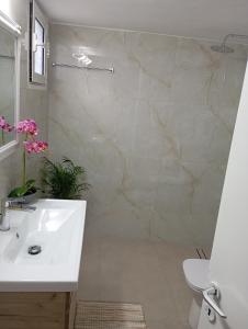 een badkamer met een witte wastafel en een douche bij Margaritas Cottage in Nafplio