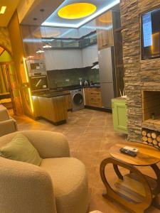 a living room with a couch and a fireplace at Vintage Green House in Fez
