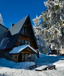 una cabaña de madera en la nieve con dos bancos en Jahorina Winter Harmony, en Jahorina