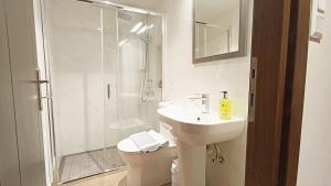 a bathroom with a shower and a sink and a toilet at 3 Alpha Kastraki in Kastrákion