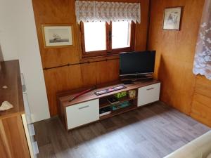 a living room with a flat screen tv on a wooden wall at Chata Evička a Jiříček in Raškovice