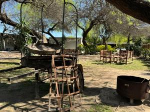 eine alte Schubkarre mit einem Eimer in einem Hof in der Unterkunft Finca Anna Clara Vuelta la Barranca Santiago del Estero in Cardozos