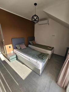 ノヴィサドにあるAlbatros apartmentsの天井の客室で、ツインベッド2台が備わります。