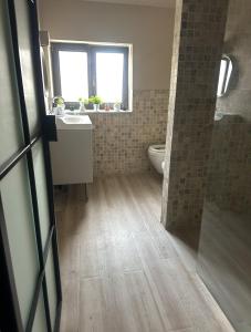 a bathroom with a toilet and a sink and a window at Marvellous 2 Bedrooms Attic in the Old Town in Bucharest +14 photos