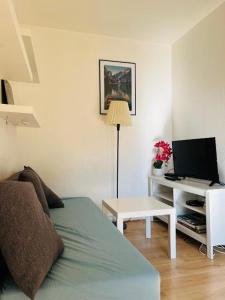 a living room with a bed and a desk with a television at Charmant appartement en plein centre ville de Nogent sur Marne in Nogent-sur-Marne