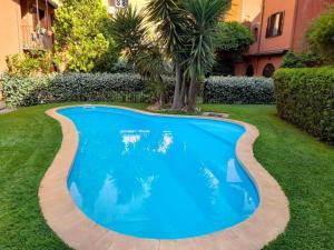 a blue swimming pool in a yard with a palm tree at Eos Retreat in Trastevere with pool in Rome