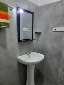 Un baño con un lavabo blanco y un espejo. en Kusum Family House, en Dikwella