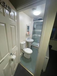 a bathroom with a toilet and a sink at Prestleigh Inn in Shepton Mallet +17 photos