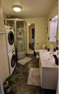 a bathroom with a sink and a washing machine at cozy room in Tromsø in Tromsø