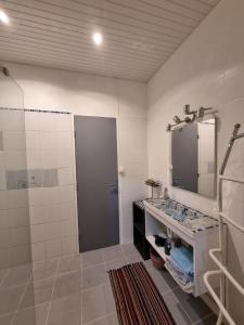 a bathroom with a shower and a sink and a mirror at Wonderland Villa in Petit-Bourg +29 photos