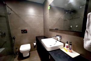 GangānagarHotel Vikramaditya的带水槽、马桶和镜子的浴室
