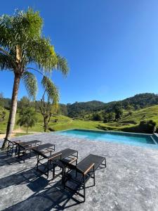 a swimming pool with picnic tables and a palm tree at Sitio do Galdino in Armazém