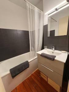 a bathroom with a sink and a bath tub at Ax 3 Domaines Plateau de Bonascre Charmant duplex face aux pistes avec terrasse in Ax-les-Thermes