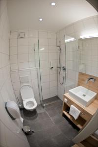
a white toilet sitting next to a bath tub in a bathroom at Hotel Restaurant Meyer in Kalsdorf bei Graz
