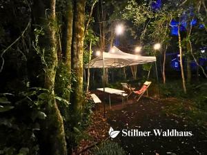 a tent and chairs in the woods at night at Stillner Waldhaus in Puerto Varas +4 photos