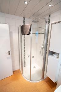 a shower with a glass door in a bathroom at Ferienhaus Glücklich am Harz in Goslar
