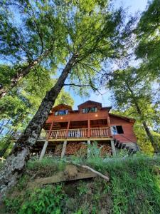 a large wooden house on a hill with trees at Cabaña en Parcela con Tinaja in Trancura