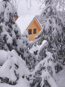 una casa ricoperta di neve di fronte agli alberi di Chata Kubko a Bobrovník