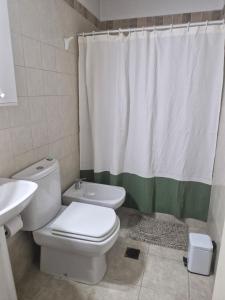 a bathroom with a toilet and a shower curtain at Amplio Duplex frente a Parque Benegas in Godoy Cruz +13 photos