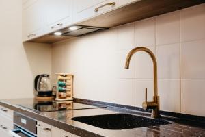 a kitchen with a sink and a faucet at Lovely apartment for families and couples in Liepāja