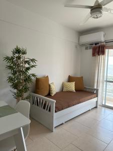 a couch in a living room with a plant at Dpto 9 - Colon - 1 DORMITORIO - PQ ALQUILERES TEMPORARIOS in Colón