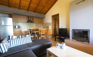 un salon avec un canapé et une cuisine dans l'établissement Agia Kali Villas, à Skiathos Chora 55 autres photos