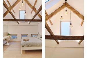 due immagini di una camera da letto e di una camera da letto con travi a vista di Luxe Stay in Heart of Mechelen a Mechelen