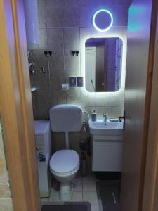 a bathroom with a toilet and a sink and a mirror at AK apartman in Sutomore