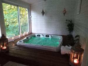 a bath tub in a room with a large window at Le Charme au Fil de l'eau in Neslette +61 photos