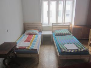 two beds sitting in a room with a window at FEWO Pazmaniten in Vienna