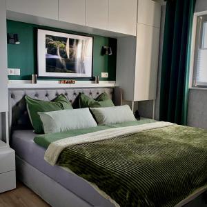 a bedroom with a large bed with green walls at FeWo Zur Wasserburg in Oelsnitz/Vogtland