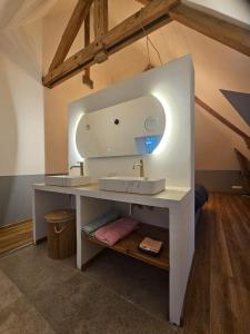 a bathroom with a white sink and a mirror at Domaine Caloin - SPA in Echinghen