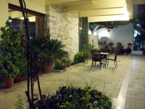 a patio with a table and chairs and plants at Neda Hotel in Olympia