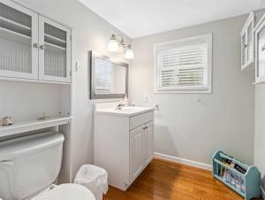 a white bathroom with a toilet and a sink at Swing Bridge Cottage on Lake Simcoe - Waterfront in Brechin +73 photos