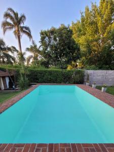 a blue swimming pool in a yard with trees at casa quinta Ohana in Manuel Alberti