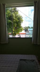 1 dormitorio con ventana grande con vistas a un árbol en Porto apartamento 1, en Porto Seguro