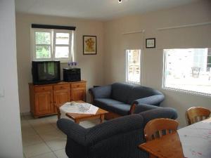 ein Wohnzimmer mit einem Sofa und einem TV in der Unterkunft De Bosbeekpoort in Opglabbeek