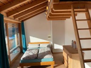 a bedroom with a bunk bed and a ladder at Traumhaus sensationeller Lage Traumhafter Bergblick absolute Ruhe in Fischbachau